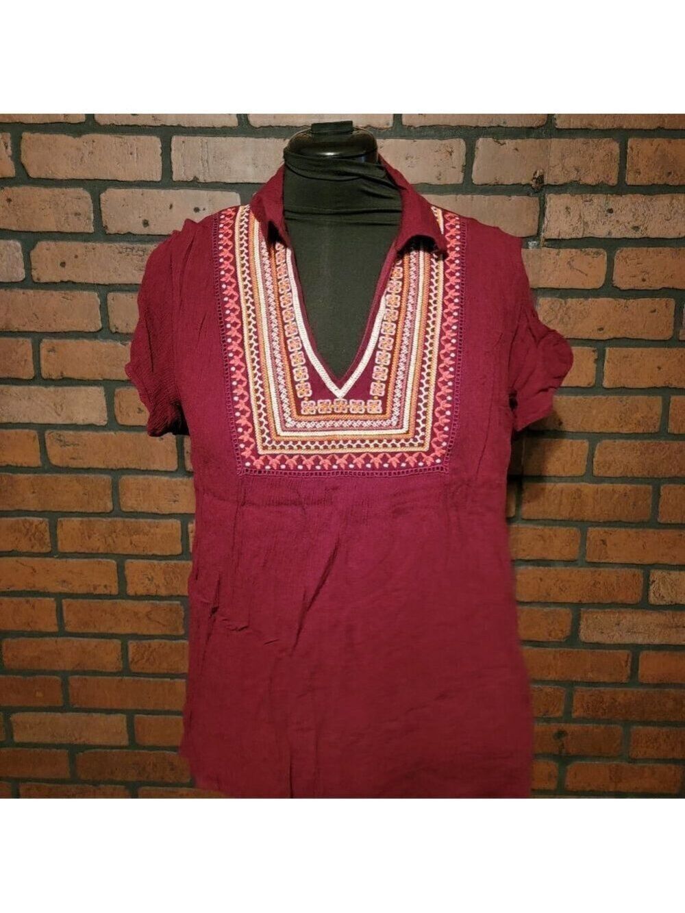 Eyeshadow shirt with  Size 1X Burgundy embroidered peasant top.